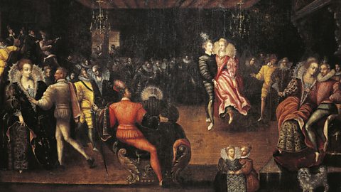 Couple dancing la volta at a ball at the Court of Henri III (1551-1589).