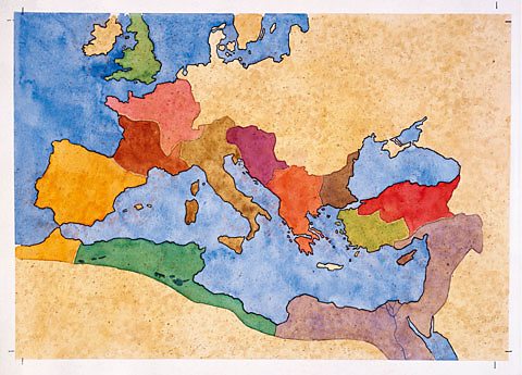 A map of Europe and North Africa showing the provinces of the Roman Empire in the early 2nd Century.