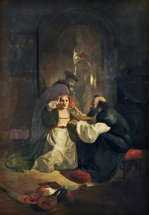 Cranmer Endeavouring to Obtain a Confession of Guilt from Catherine Howard by William Lindsay Windus (1849).