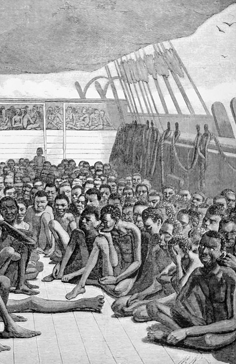 An engraving showing enslaved African people being taken by ship to America