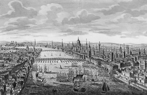 An engraving of eighteenth century London over the River Thames