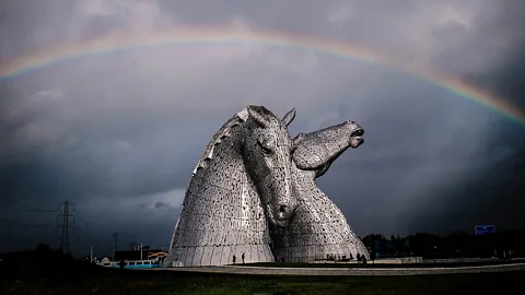 Kelpies, horse head, rainbow, Scotland, Falkirk