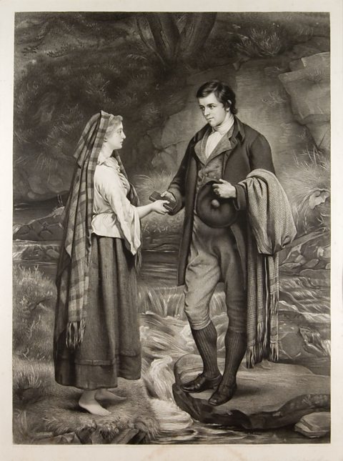 Picture showing Burns and Highland Mary by a stream