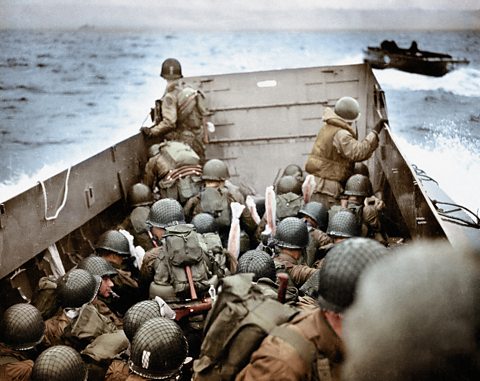 Allied troops approach Omaha Beach on D-Day