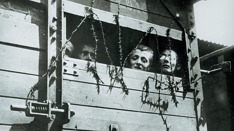 Prisoners arrive at a concentration camp in 1943