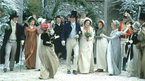 Wedding scene in winter featuring Colin Firth and Jennifer Ehle as Mr and Mrs Darcy from 鶹Լ Adaptation of Pride and Prejudice (1995).