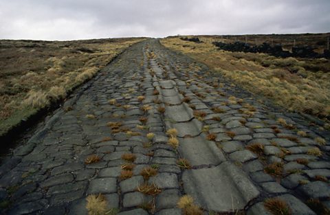 A cobbled Roman road extending into the horizon.