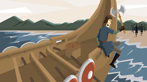 A Viking leaps from his longship to run ashore to take part in a daring land raid.