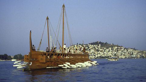  A replica ancient Athenian warship trireme with volunteer British crew manning oars. 