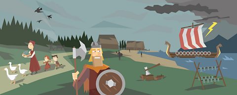 An illustrated Viking scene with a warrior and a longship.