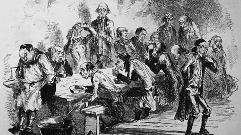 Illustration of men eating dinner in a workhouse