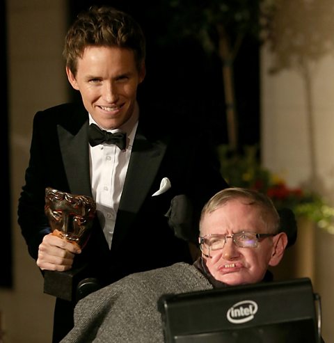 Hawking celebrates after Eddie Radmayne wins an Bafta for his portrayal of Stephen. 