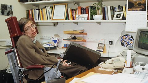 Stephen Hawking with his speech synthesizer in 1989.