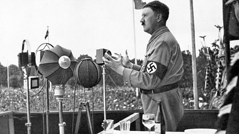 Adolf Hitler delivers a speech during the Party Congress at Nuremberg in 1935