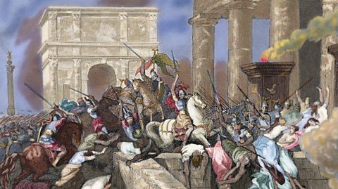 A painting showing the Visigoths storming the city of Rome in AD410