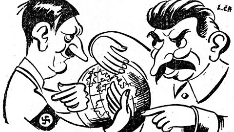 Satirical cartoon of Hitler and Stalin agreeing on how to divide Europe
