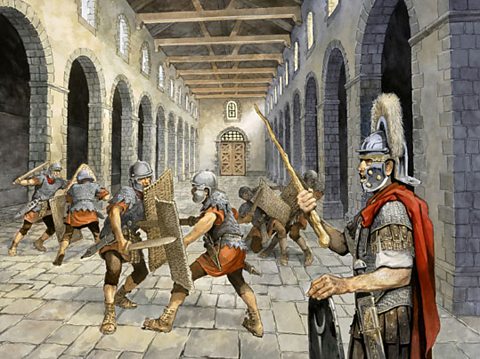 A group of Roman soldiers training.