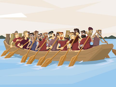 A group of travellers rowing in a boat