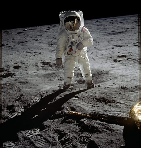 Astronaut Buzz Aldrin on the Moon. In his visor you can see reflected Neil Armstrong, and the Lunar Module.