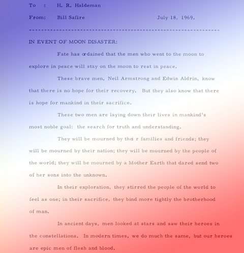 Draft of president Kennedy's speech. Written to be read out if the Apollo mission failed. 