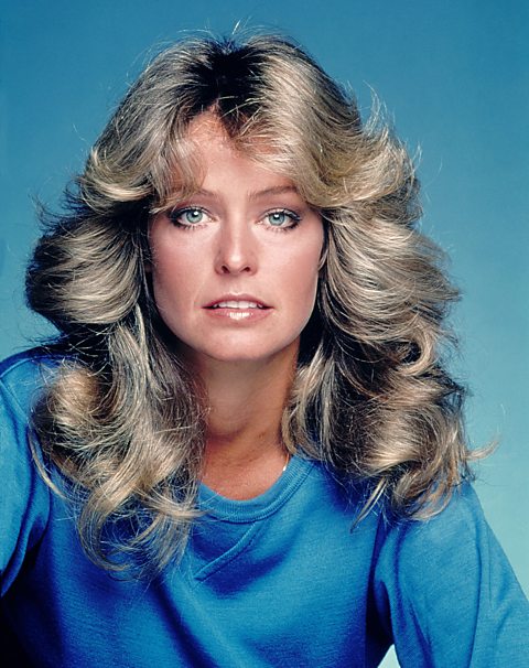 Farrah Fawcett-Majors in the 1970s with big layered curls