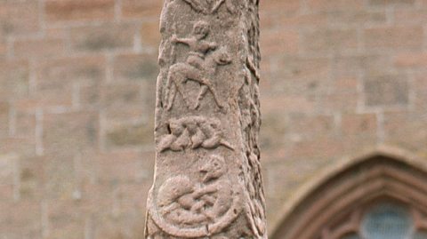 The Gosforth Cross showing scenes from Anglo-Saxon mythology.