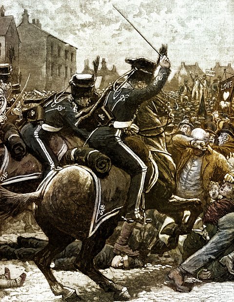 Many were killed and hundreds injured when cavalry charged the protesters at St Peter's Fields in Manchester.