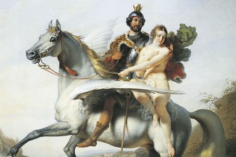 A painting of a knight in shining armour rescuing a damsel in distress