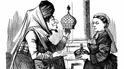 Prime Minister Disraeli offers the queen an imperial crown in a satirical cartoon.
