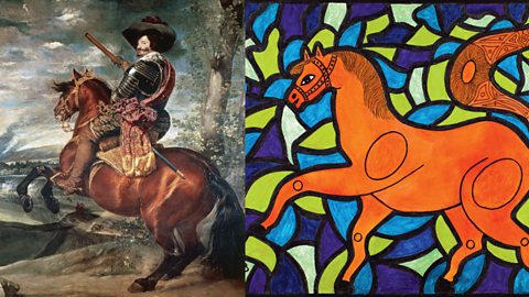 Equestrian portrait of Count of Olivares on the left and on the right drawing of a horse by Mario De Biasi