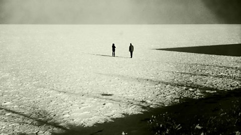 A winter field with two people in the distance