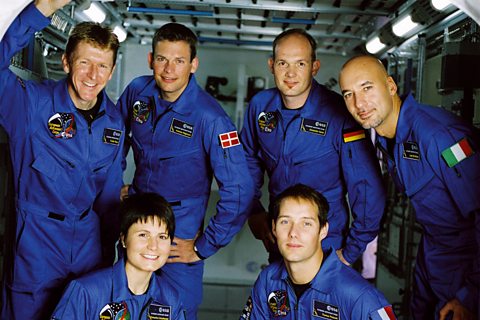 Five newly recruited ESA astronauts standing in blue space suits.