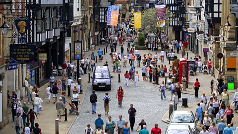 A busy street scene in Chester, UK