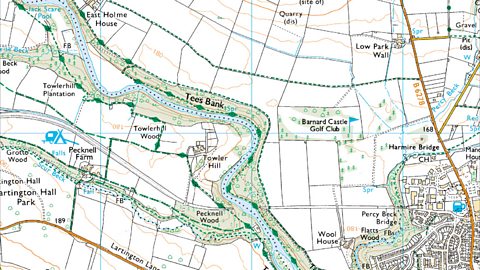 Ordnance survey map showing meanders in the middle course near Barnard Castle.