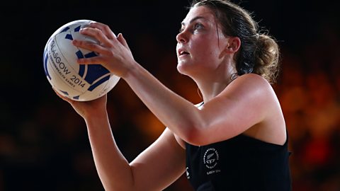 Netballer Ellen Halfpenny of New Zealand prepares to shoot at goal