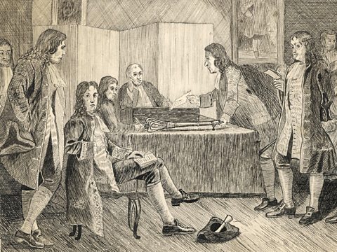 A meeting of the Royal Society in Crane Court circa 1660