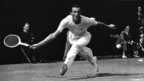 British player Fred Perry in action at Wimbledon in 1935