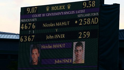 The scoreboard at Wimbledon during the longest match in Grand Slam history in 2010. Fought between John Isner and Nicolas Mahut, Isner won, with a score of 6-4, 3-6, 6-7, 7-6, 70-68