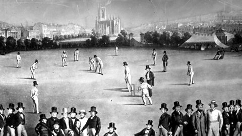 Black-and-white artwork of a county cricket match between Kent and Sussex. The spectators and players are wearing top hats