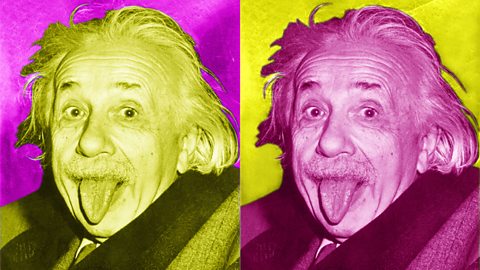 Einstein sticking his tongue out, in a heavily saturated and coloured photograph. 