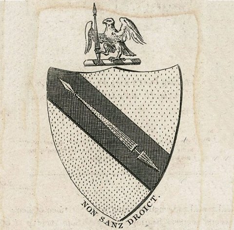 William Shakespeare's coat of arms, reproduced in 1787. The words  'Non sanz droict' are inscribed, it means 'Not without right'.