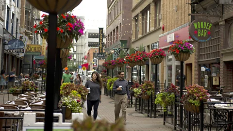 Jeff Swensen/Getty Cafes and pubs dot Cleveland's East 4th Street (Credit: Jeff Swensen/Getty)