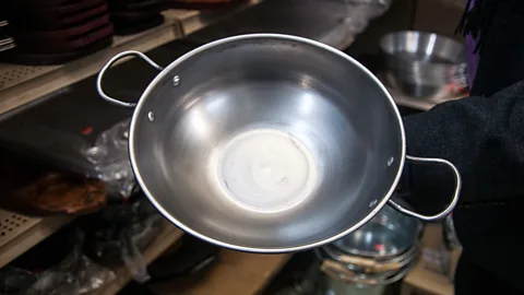 Amanda Ruggeri A stainless steel balti bowl, rather than a cast iron or clay karahi, lets food cook quickly over high heat (Credit: Amanda Ruggeri)