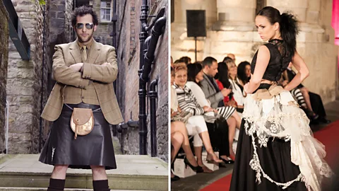 Alamy At left, Howie Nicholsby of 21st Century Kilts models his own designs; at right, Judy R Clark’s designs incorporate elements like Scottish lace and tartan (Credit: Alamy)