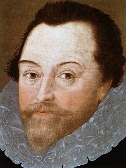 A portrait of Sir Francis Drake, who has a light brown beard and is wearing a white frilly ruff around his neck. 