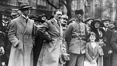Photo of Adolf Hitler, Alfred Rosenberg (left) and Dr Friedrich Weber of the Freikorps Oberland (Oberland Free Corps), during the Munich Putsch