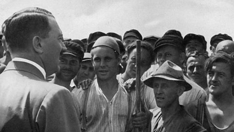 Photo of Adolf Hitler meeting industrial workers in Germany