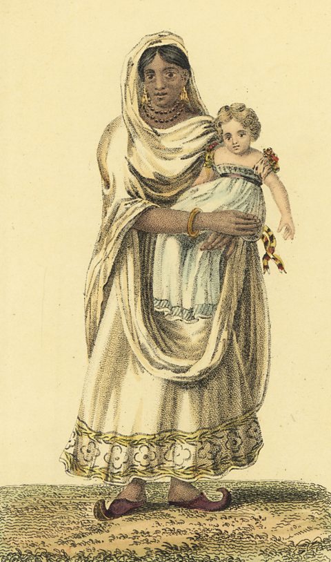 Image of a dace or ayah, Indian nurse, in petticoat and jacket of cotton, and muslin shawl, with European child.