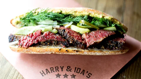 Erin & Erica The tangy pastrami sandwich at Harry & Ida’s is served with slaw on a roll (Credit: Erin & Erica)