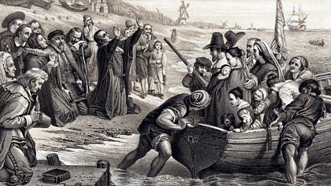 Illustration depicting the Pilgrim Fathers, members of English Separatist Church sect of Puritans, leaving Delft Haven on their voyage to America July 1620.